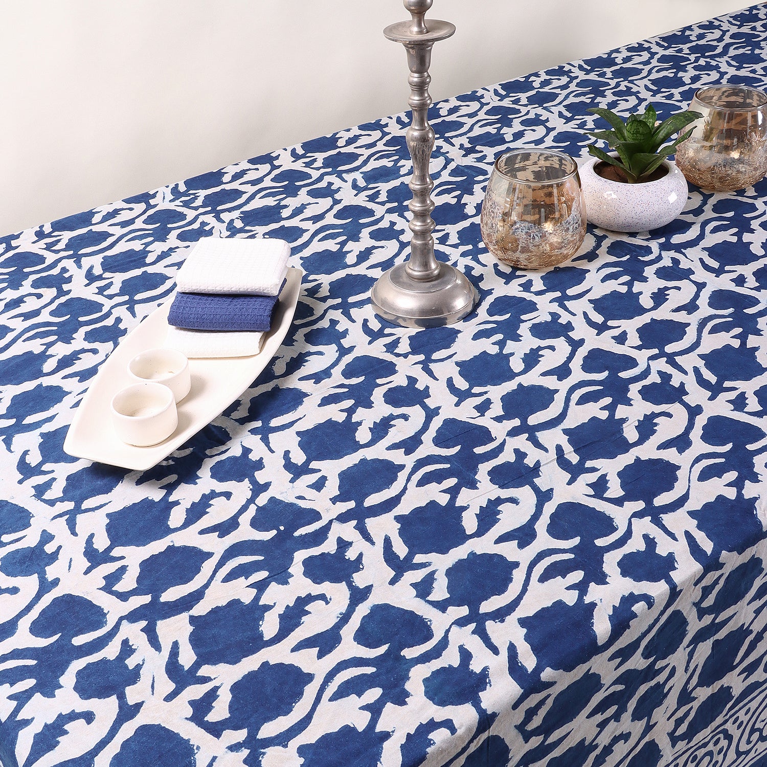 Indian Indigo Blue Hand Block Printed Cotton Dining Table Cover