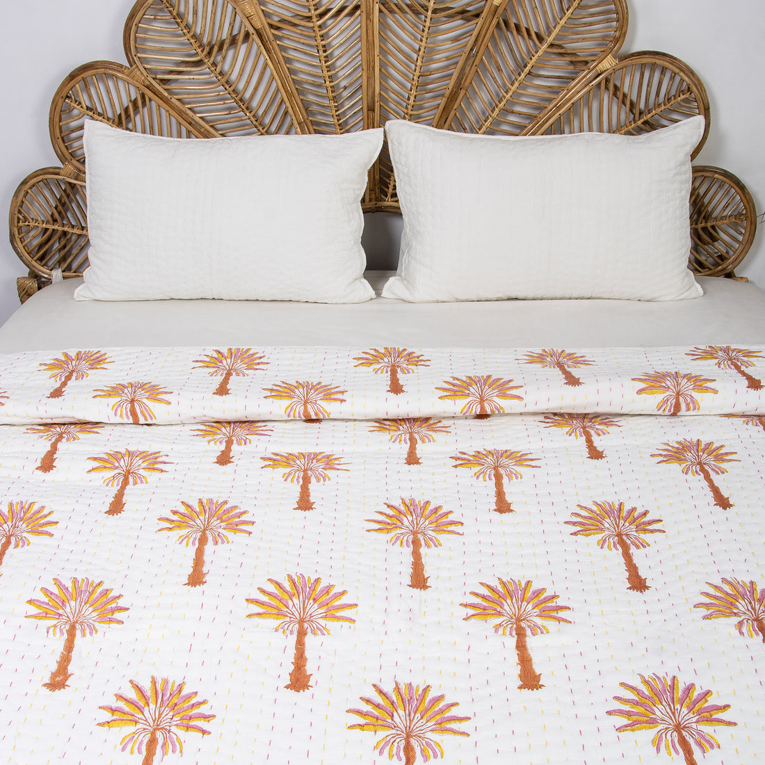Indian Orange Palm Tree Handmade Kantha Quilt Blanket