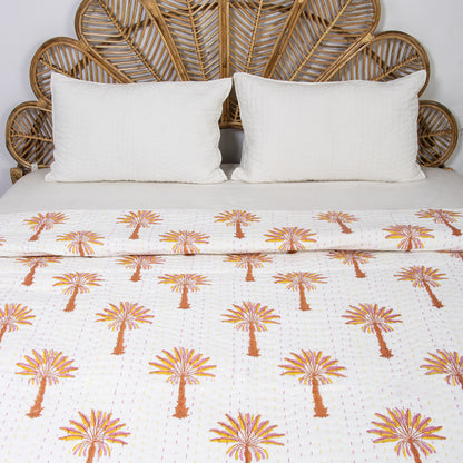 Indian Orange Palm Tree Handmade Kantha Quilt Blanket