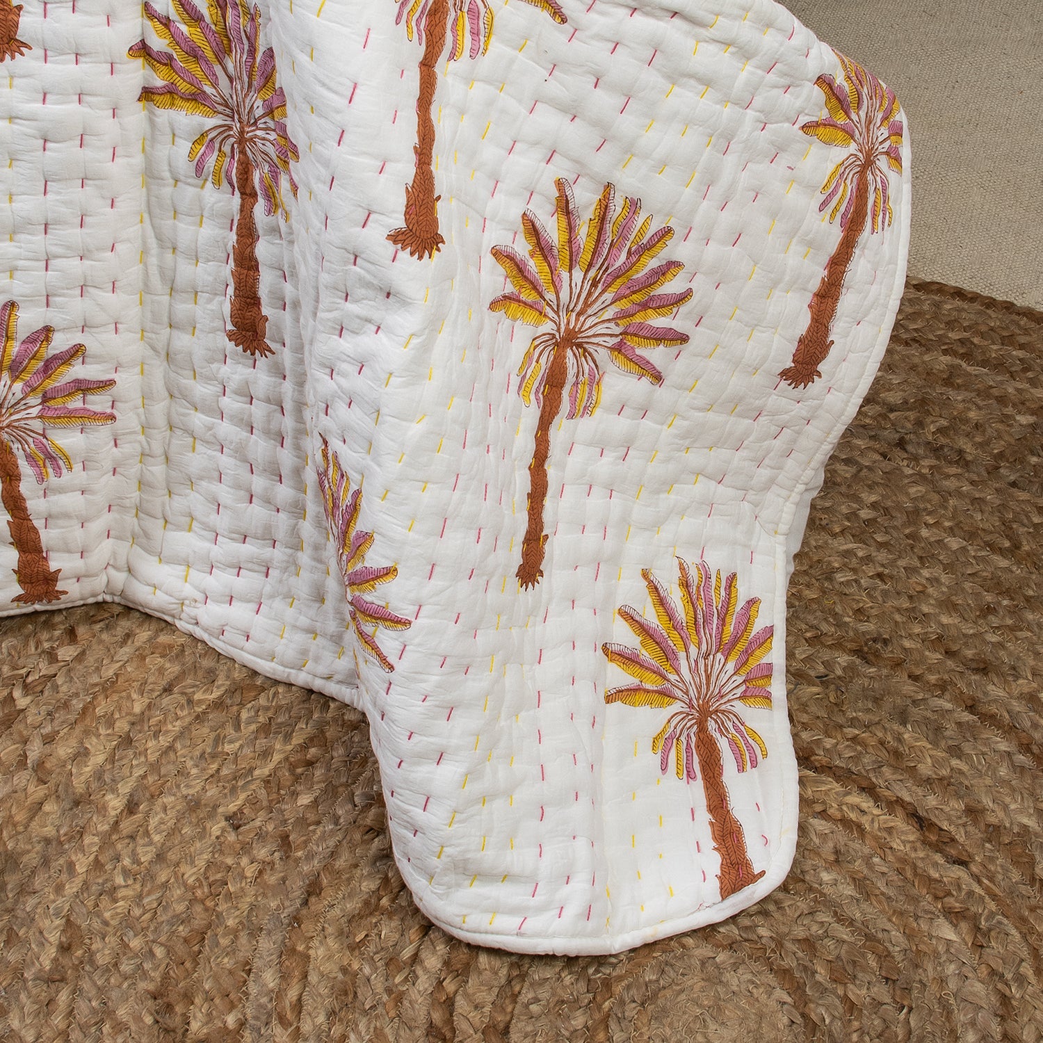 Indian Orange Palm Tree Handmade Kantha Quilt Blanket