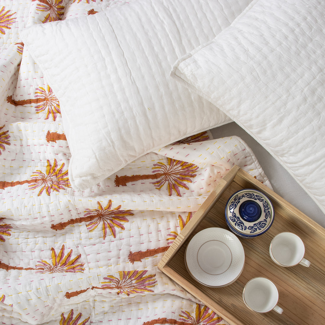 Indian Orange Palm Tree Handmade Kantha Quilt Blanket