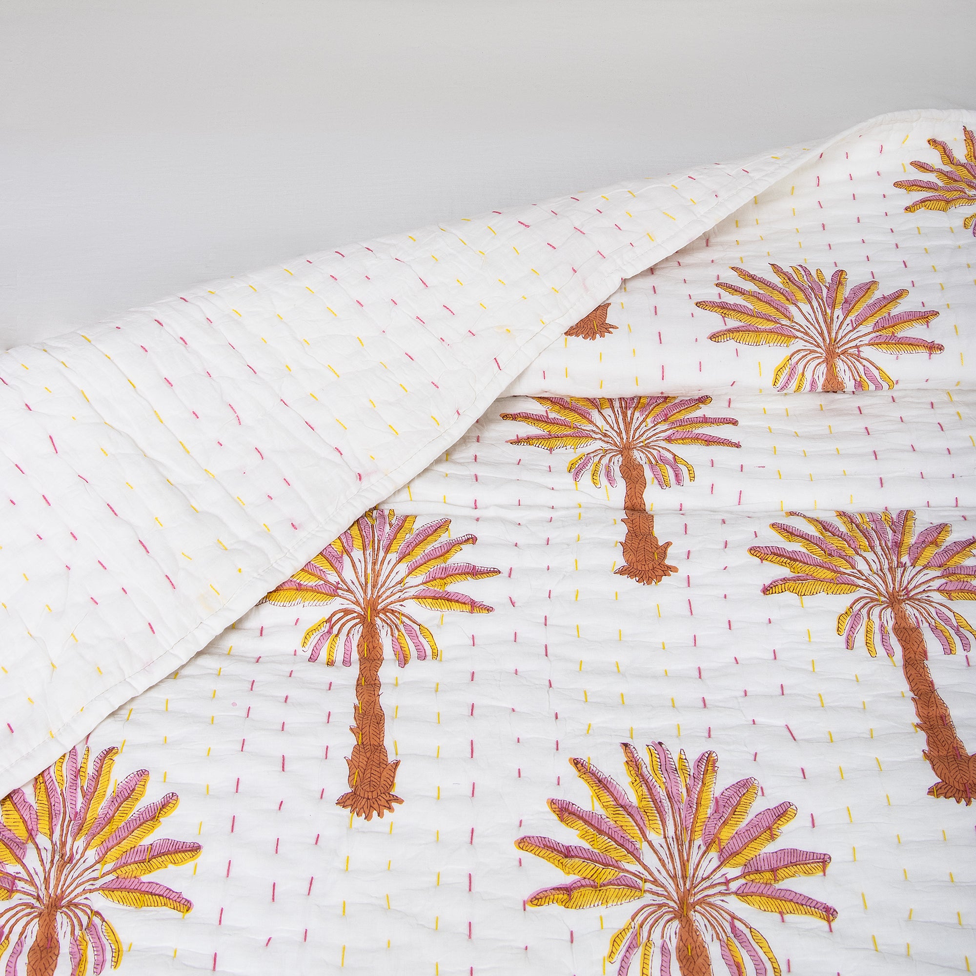 Indian Orange Palm Tree Handmade Kantha Quilt Blanket