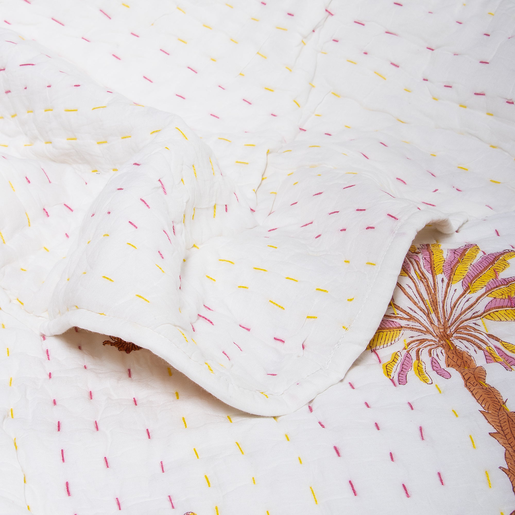 Indian Orange Palm Tree Handmade Kantha Quilt Blanket