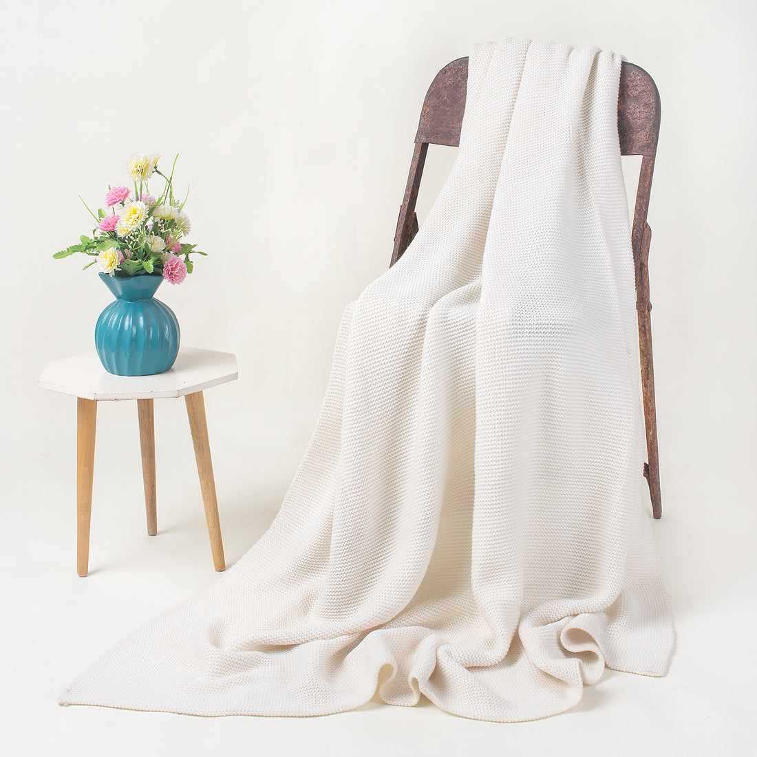  Indian Organic Cotton Cream Knit Throw Blanket