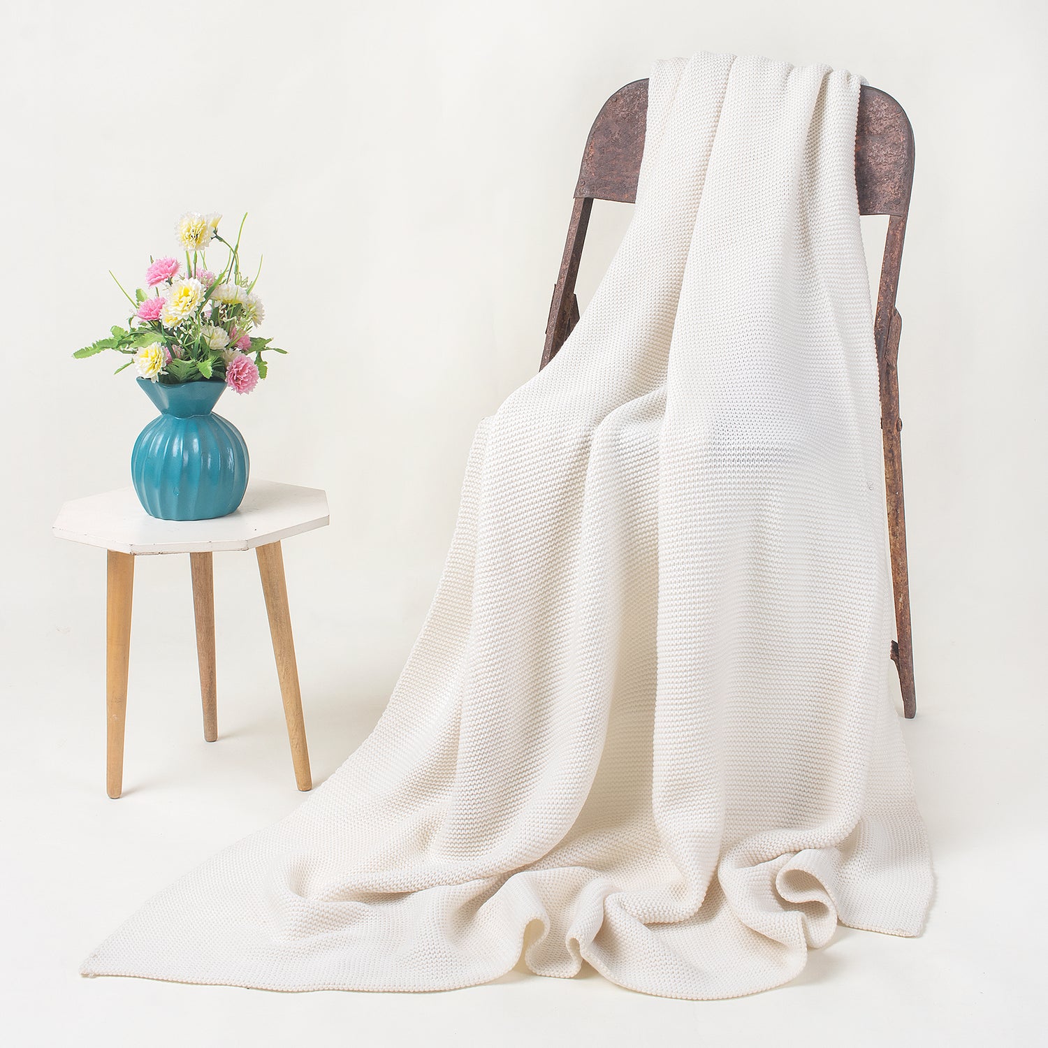  Indian Organic Cotton Cream Knit Throw Blanket