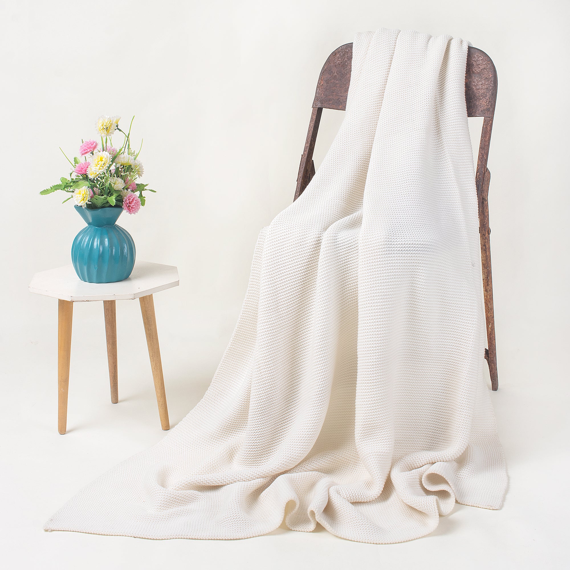  Indian Organic Cotton Cream Knit Throw Blanket