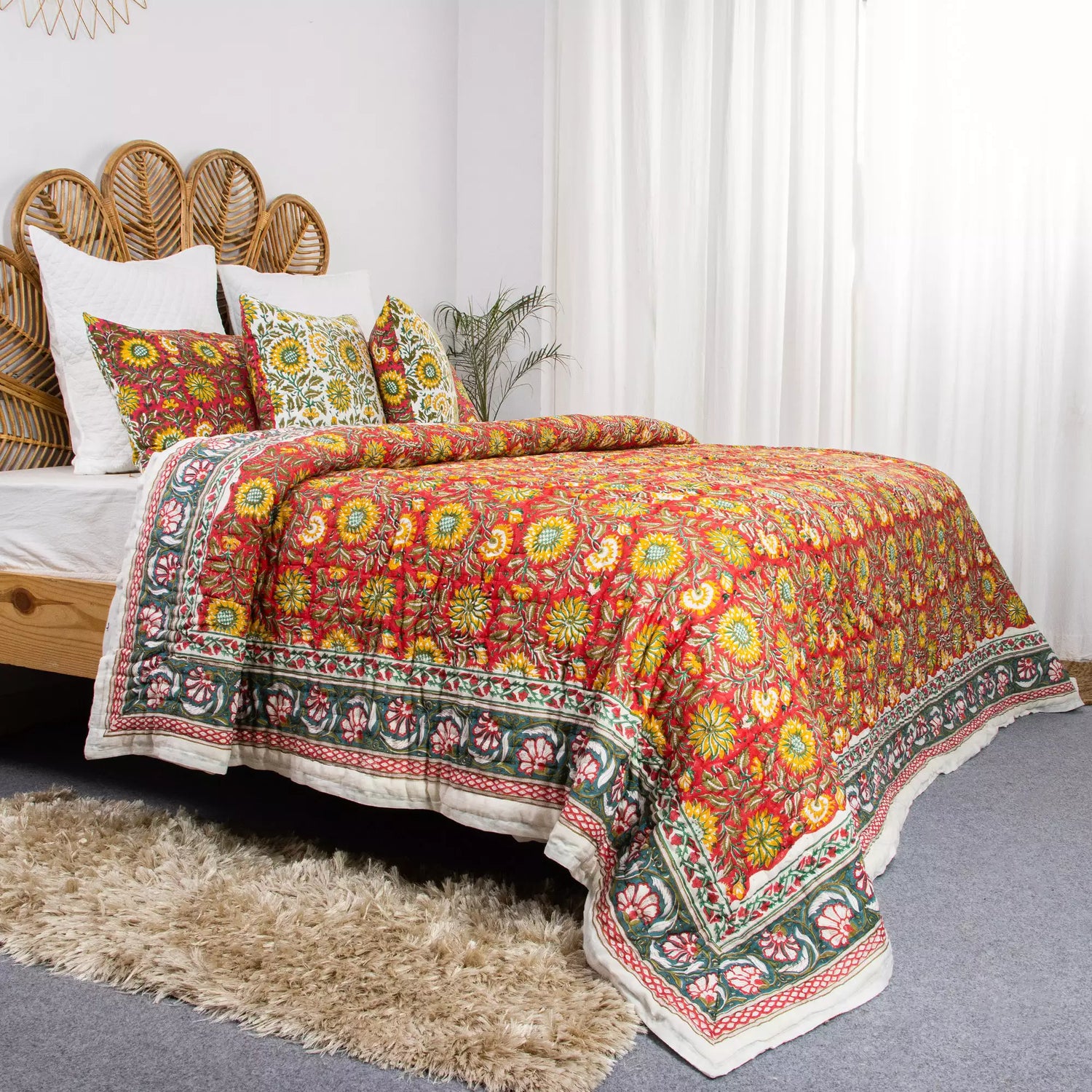 Indian Printed Reversible Organic Cotton Floral Jaipuri Quilt
