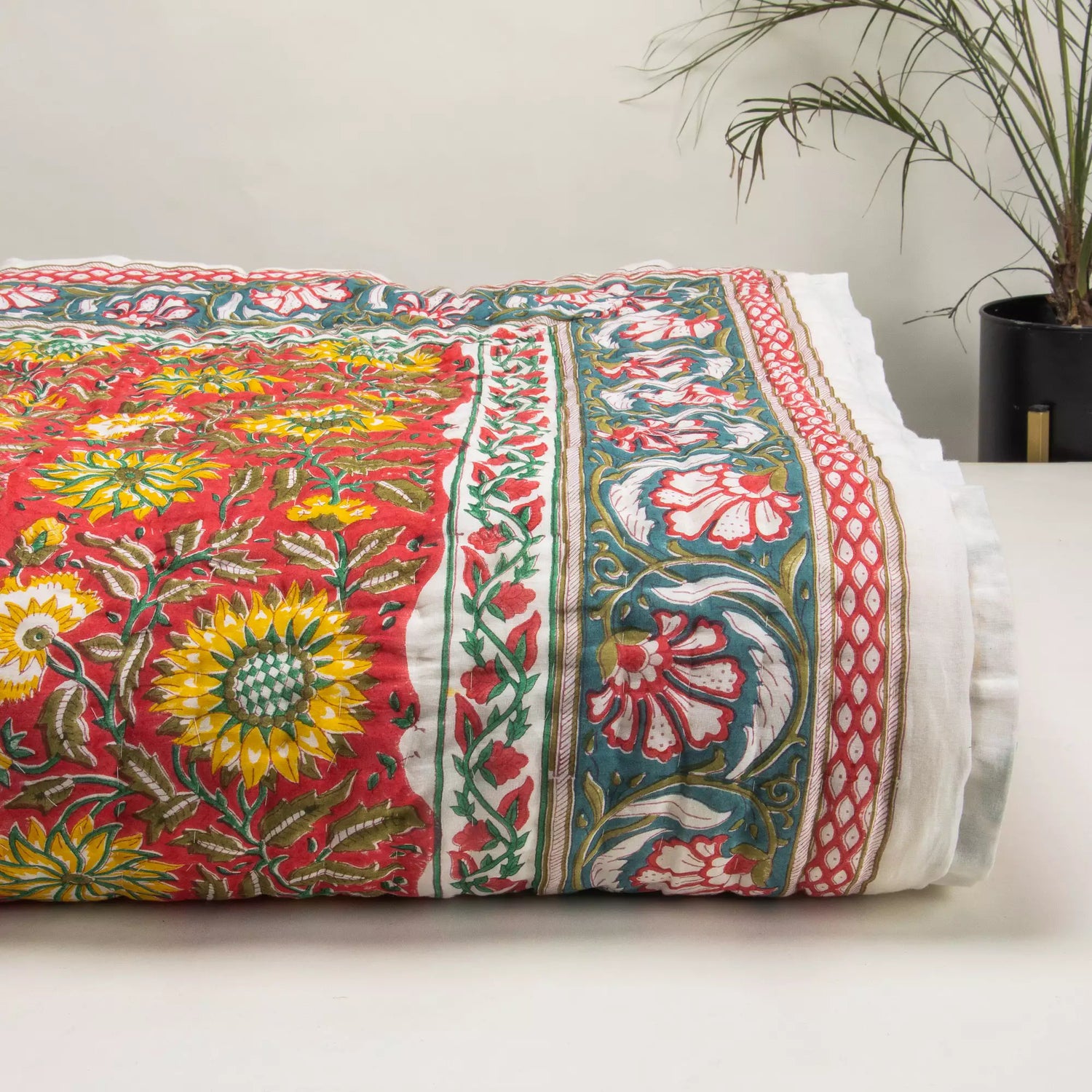 Indian Printed Reversible Organic Cotton Floral Jaipuri Quilt