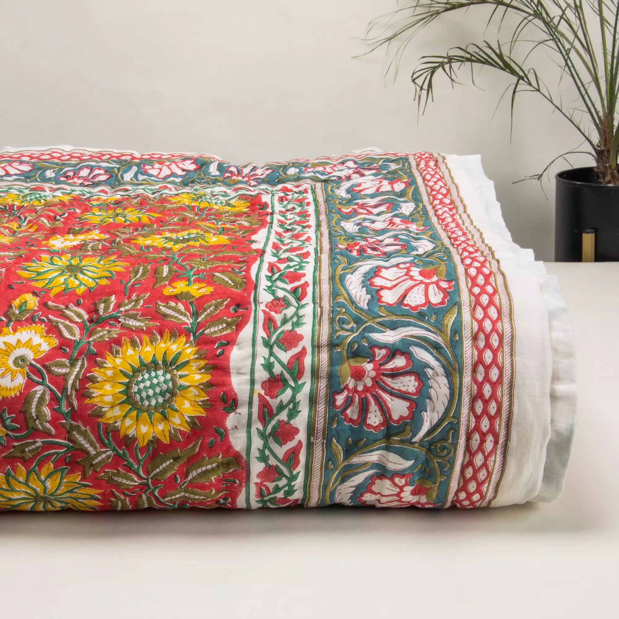 Indian Printed Reversible Organic Cotton Floral Jaipuri Quilt