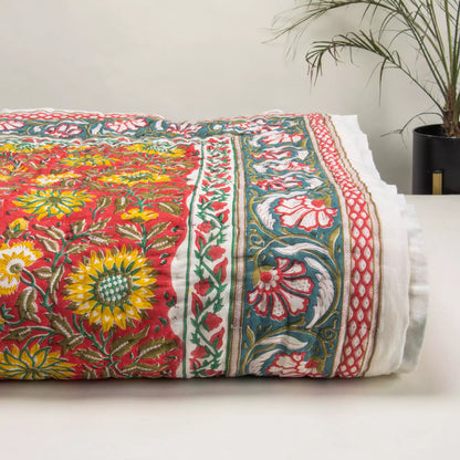 Indian Printed Reversible Organic Cotton Floral Jaipuri Quilt