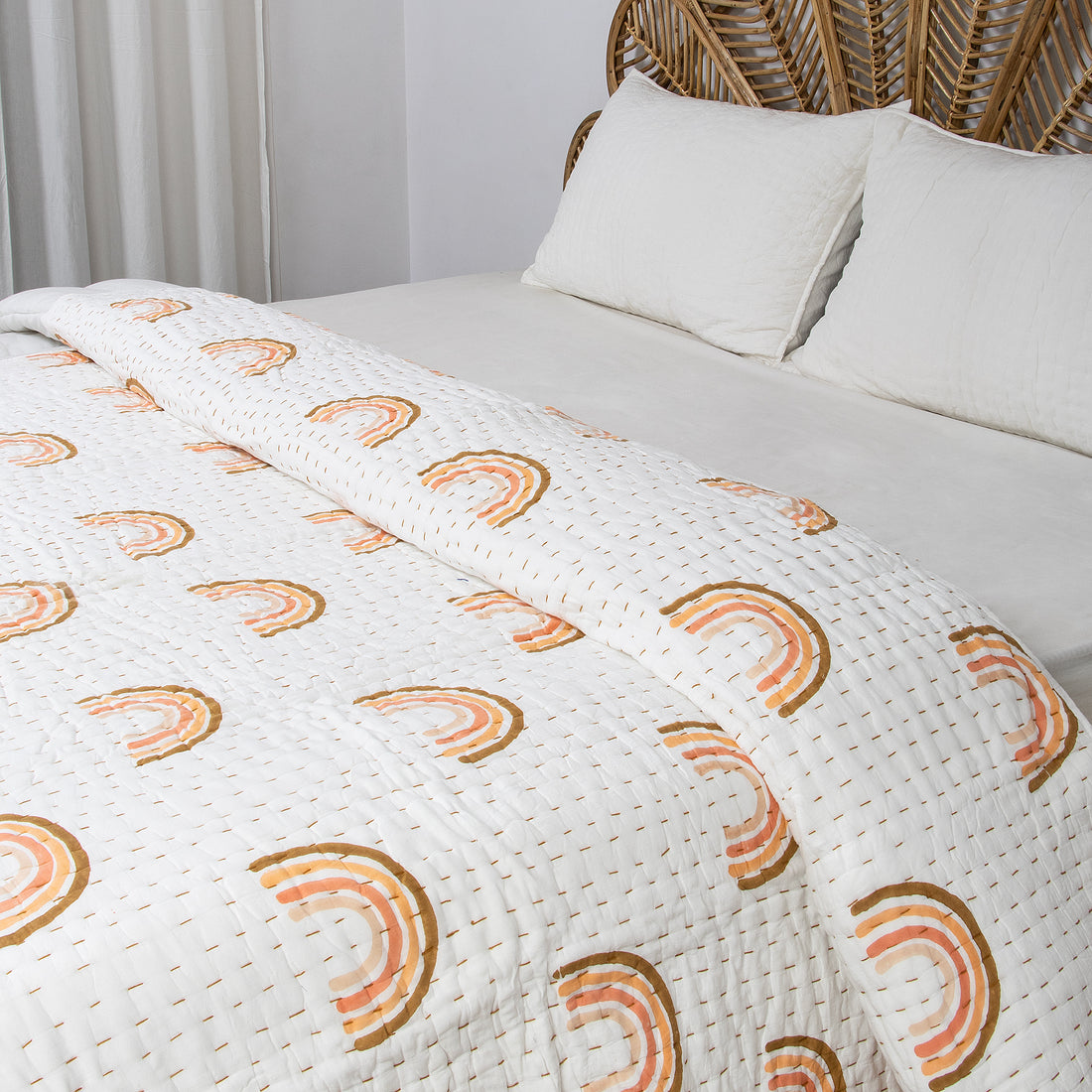 Indian Rainbow Hand Block Printed Cotton Kantha Quilt