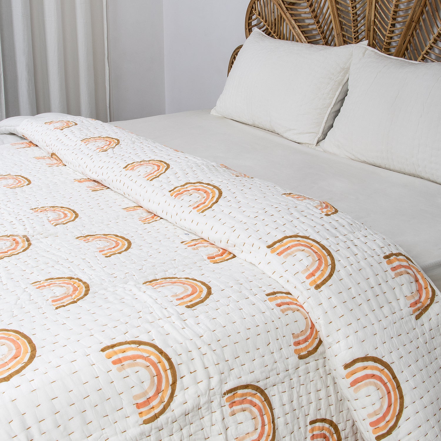 Indian Rainbow Hand Block Printed Cotton Kantha Quilt