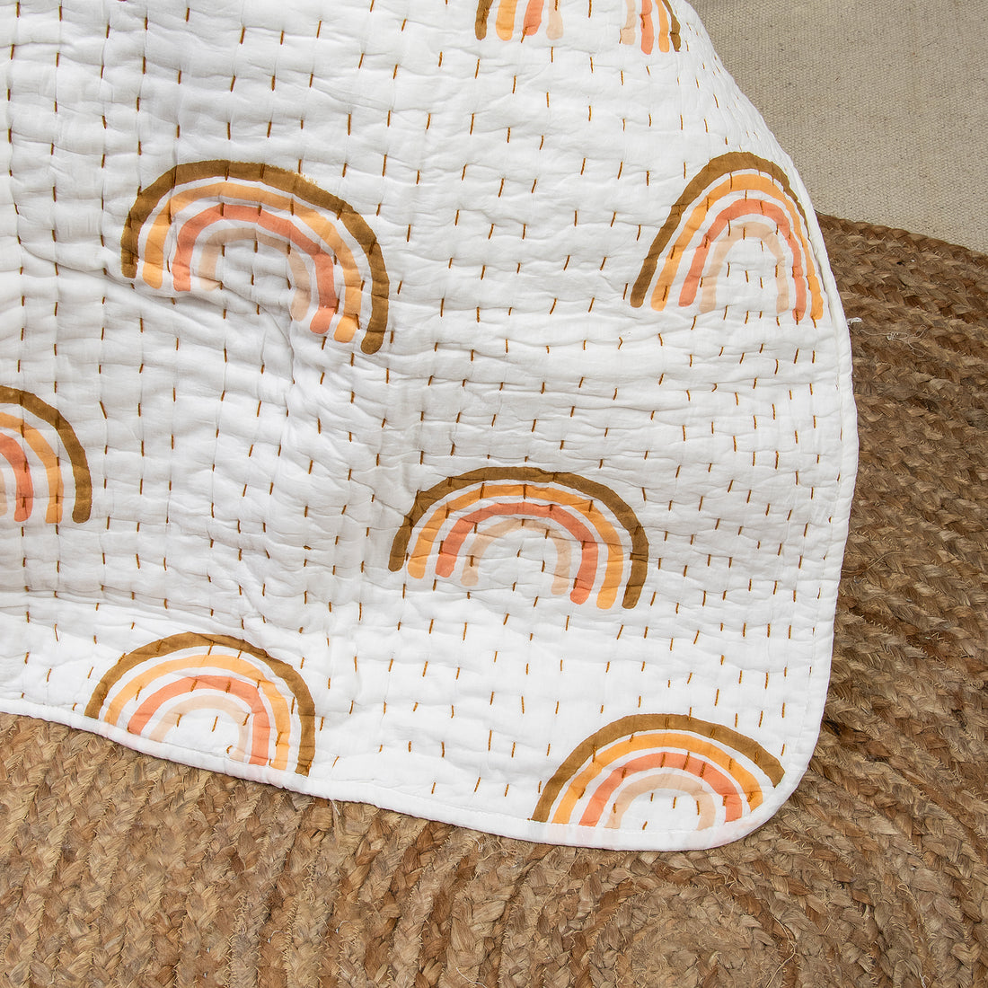 Indian Rainbow Hand Block Printed Cotton Kantha Quilt