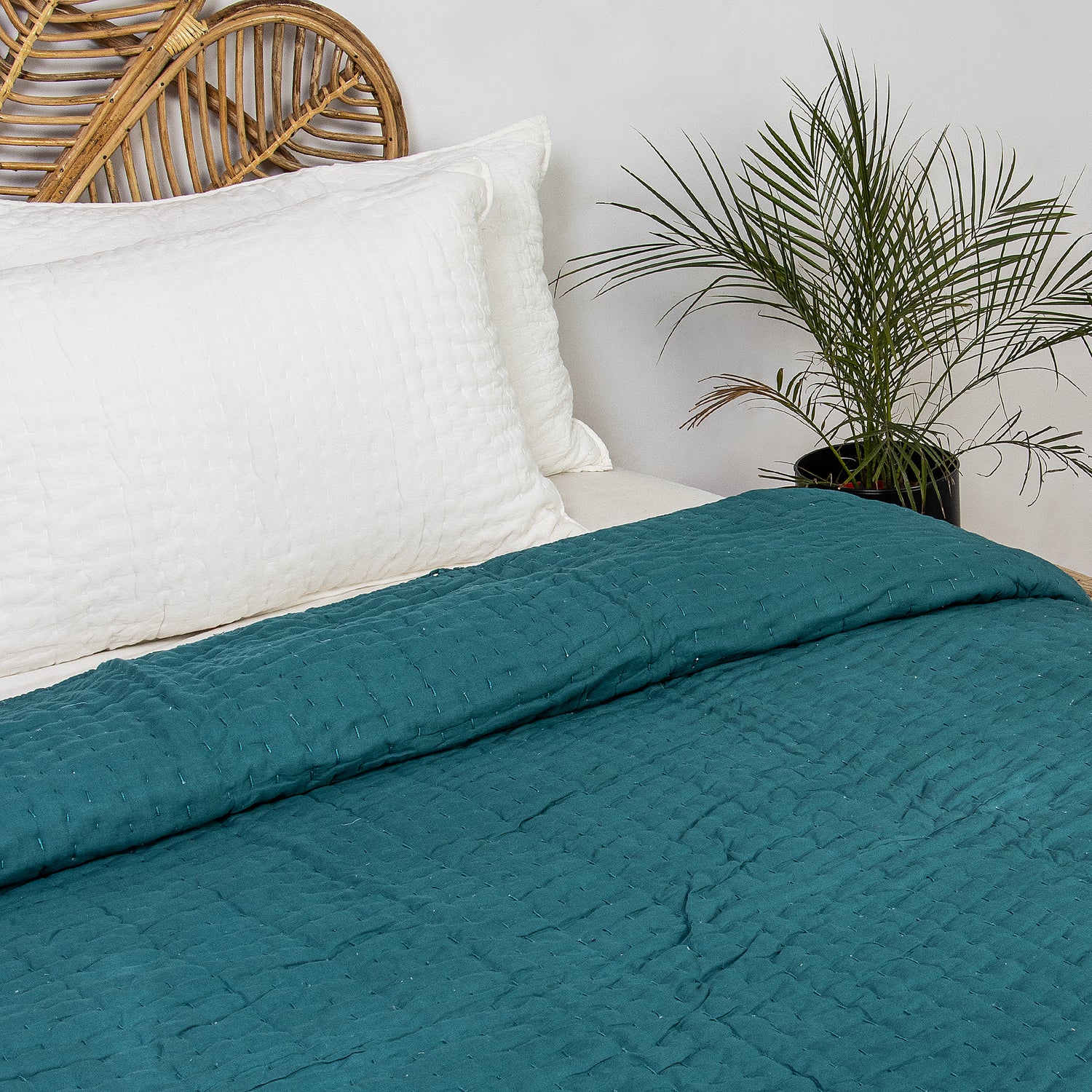 Indian Solid Green Pure Cotton Kantha Quilt Blanket
