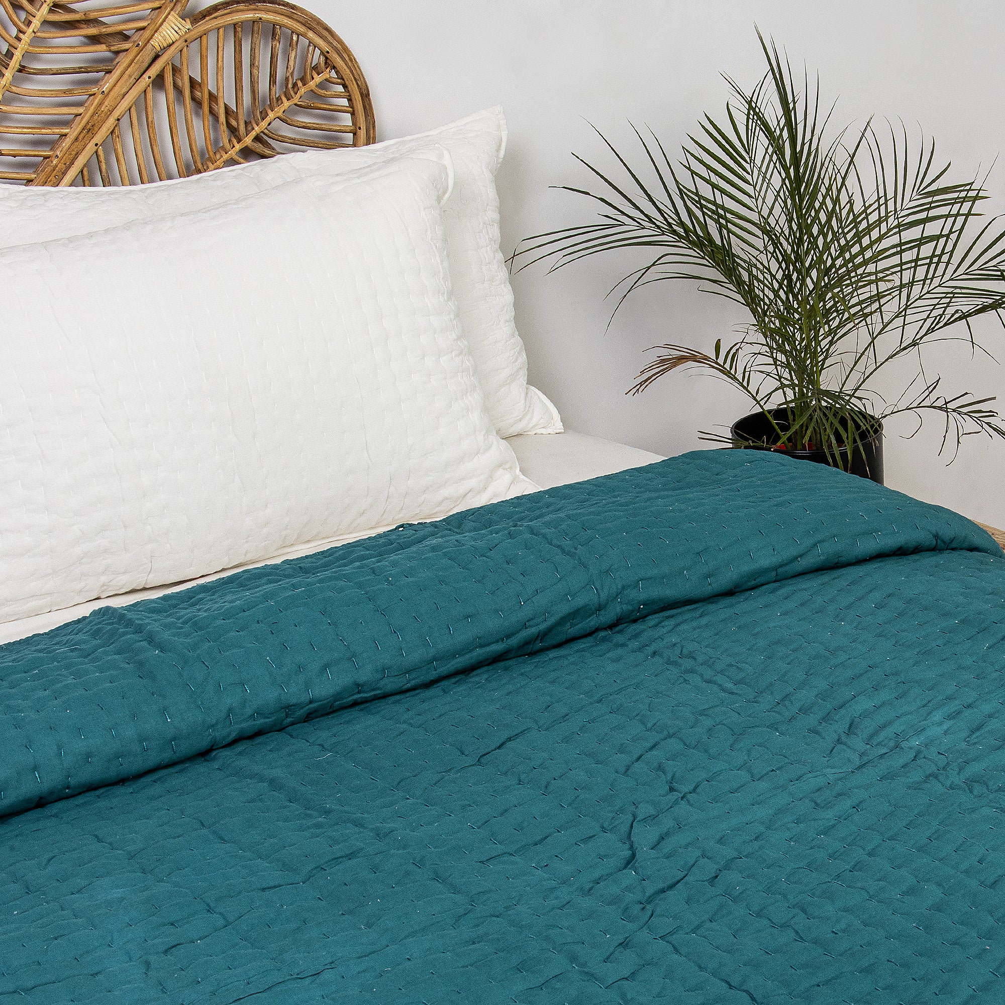 Indian Solid Green Pure Cotton Kantha Quilt Blanket