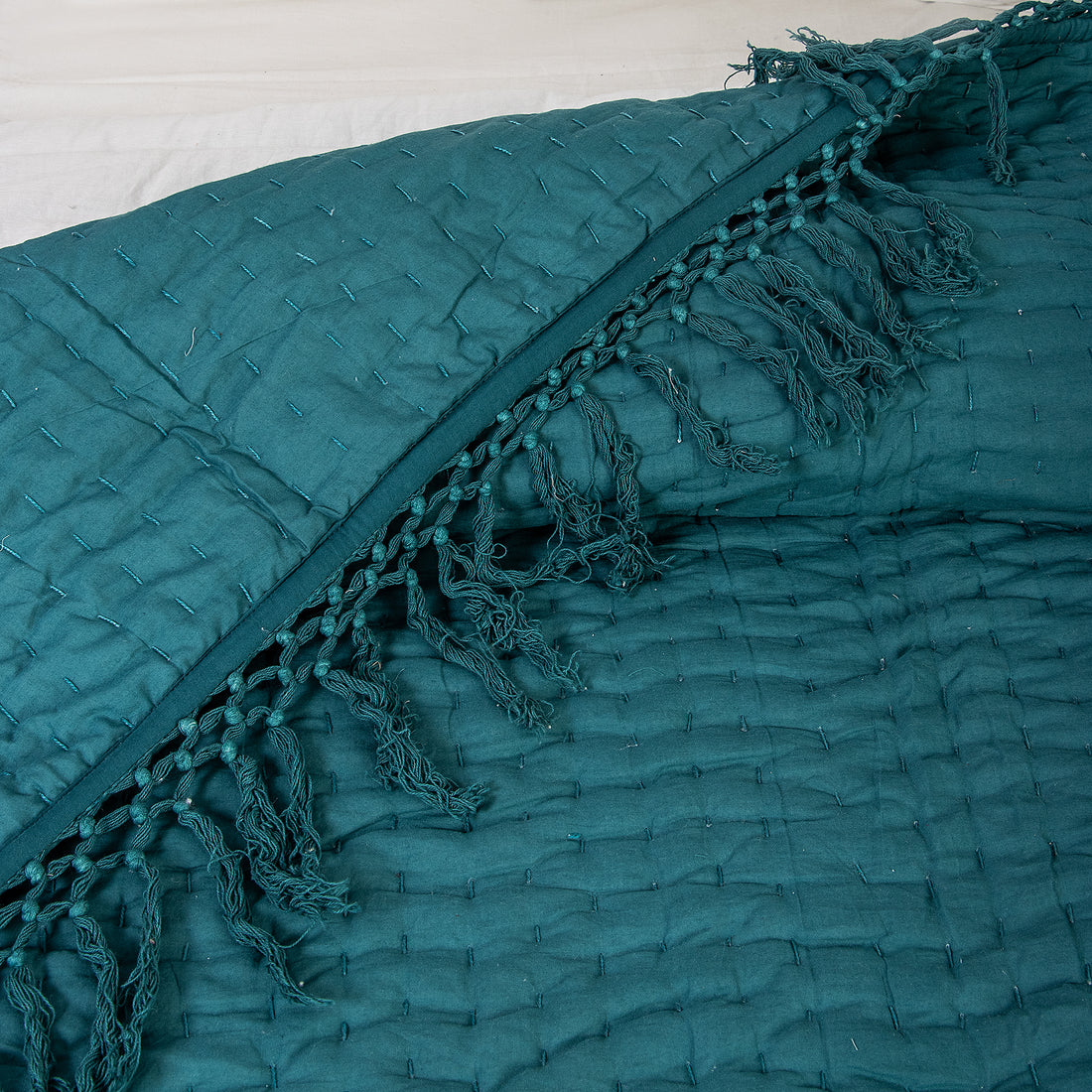 Indian Solid Green Pure Cotton Kantha Quilt Blanket