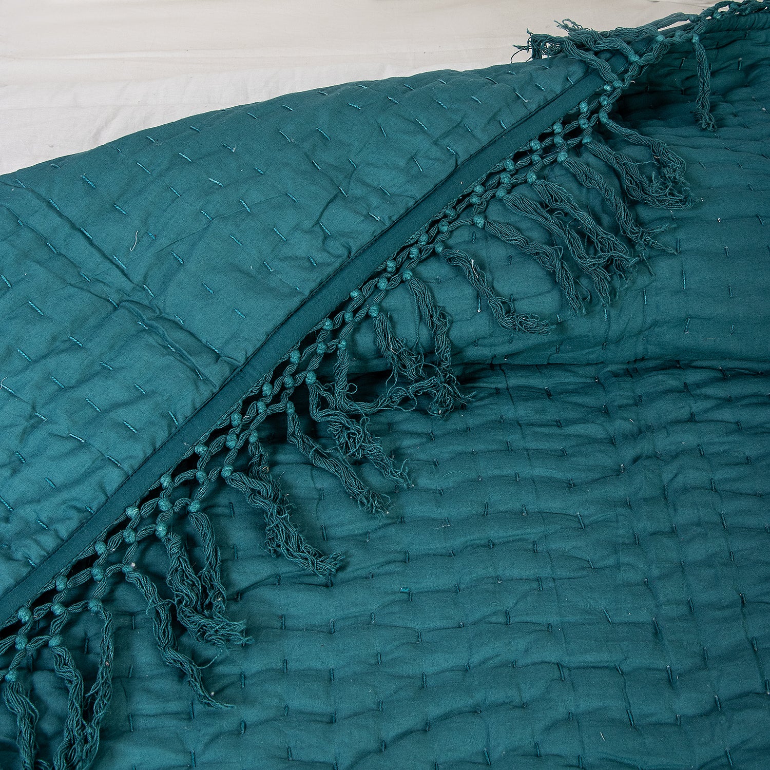 Indian Solid Green Pure Cotton Kantha Quilt Blanket