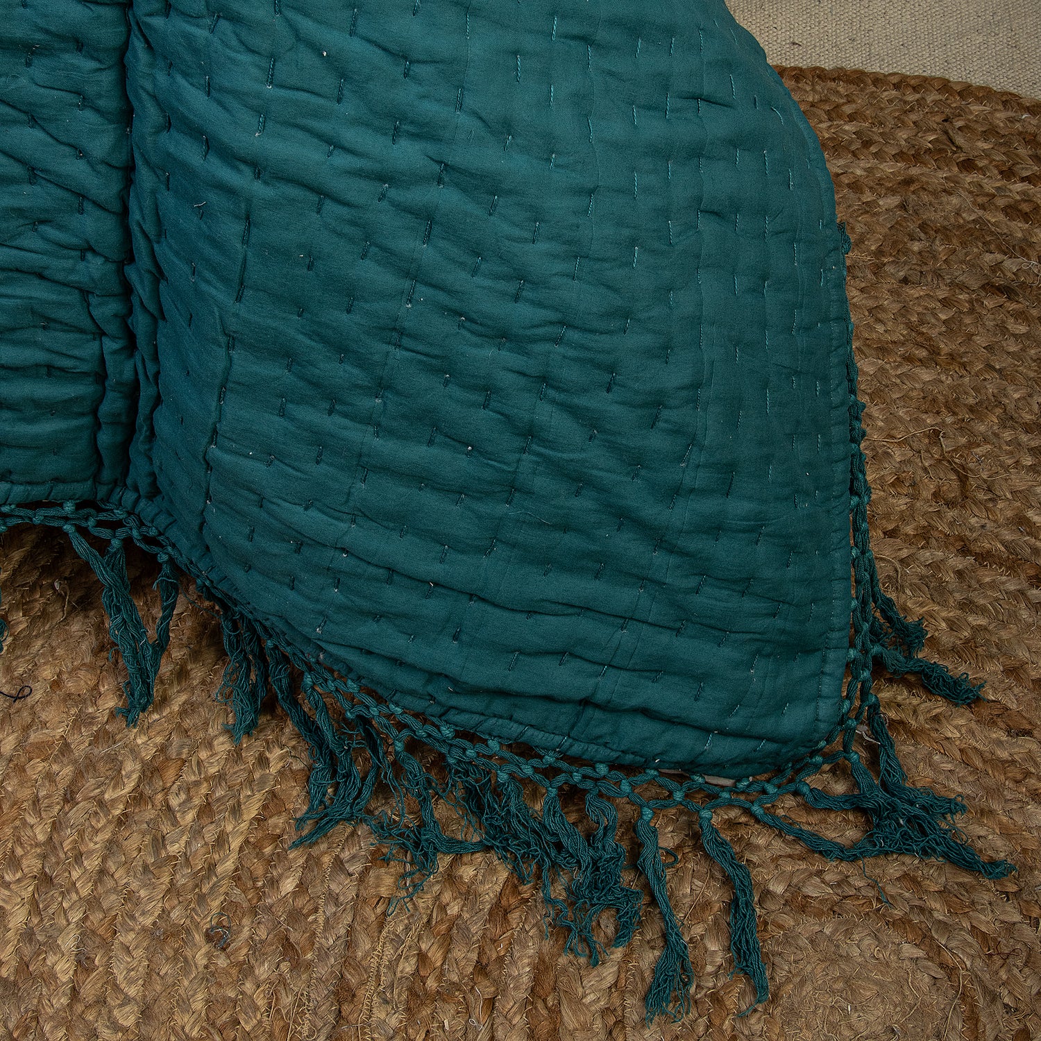 Indian Solid Green Pure Cotton Kantha Quilt Blanket