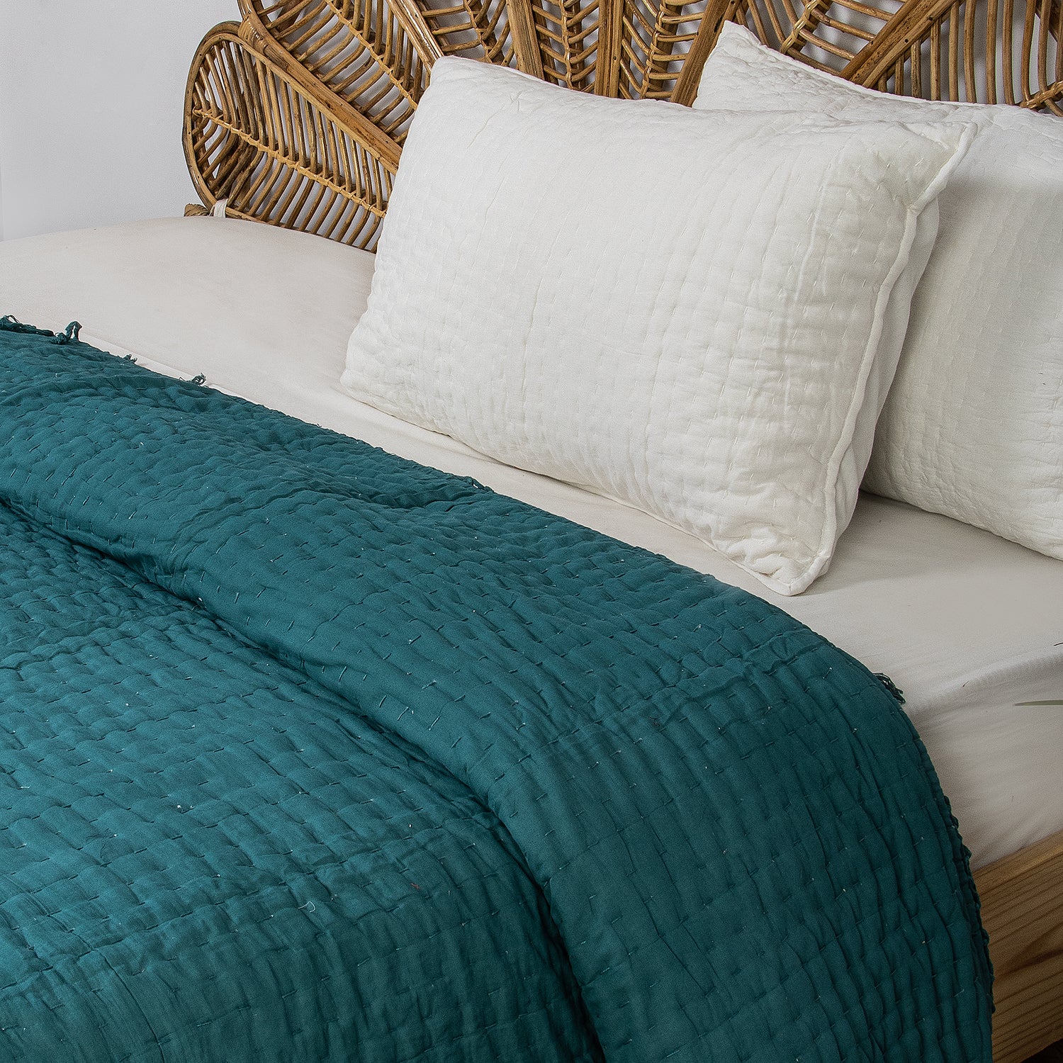 Indian Solid Green Pure Cotton Kantha Quilt Blanket