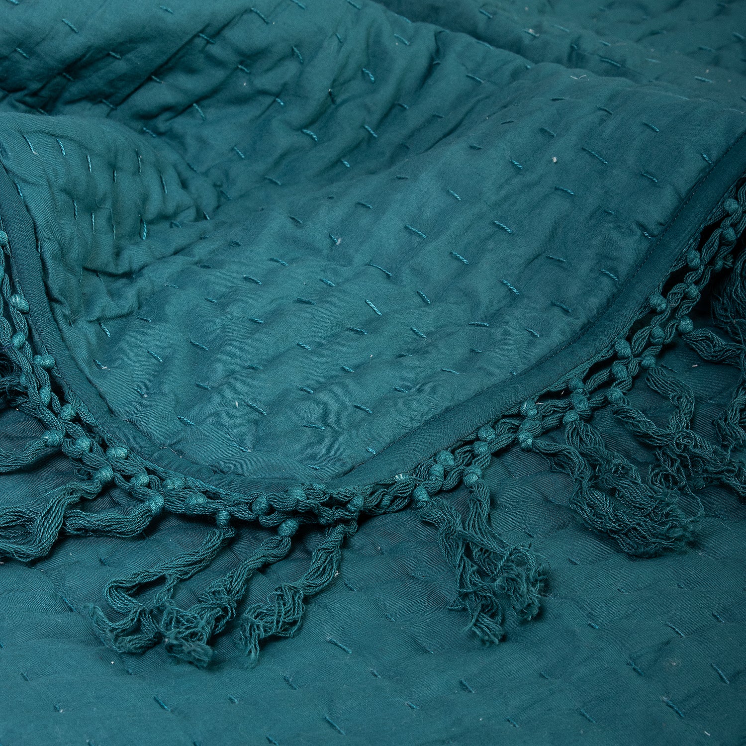 Indian Solid Green Pure Cotton Kantha Quilt Blanket