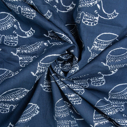 Indigo Blue Animal Hand Block Print Fabric for Kurta