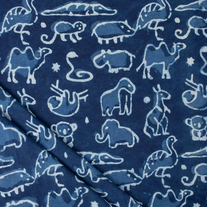Indigo Blue Animal Printed Cotton Fabric By the Yard