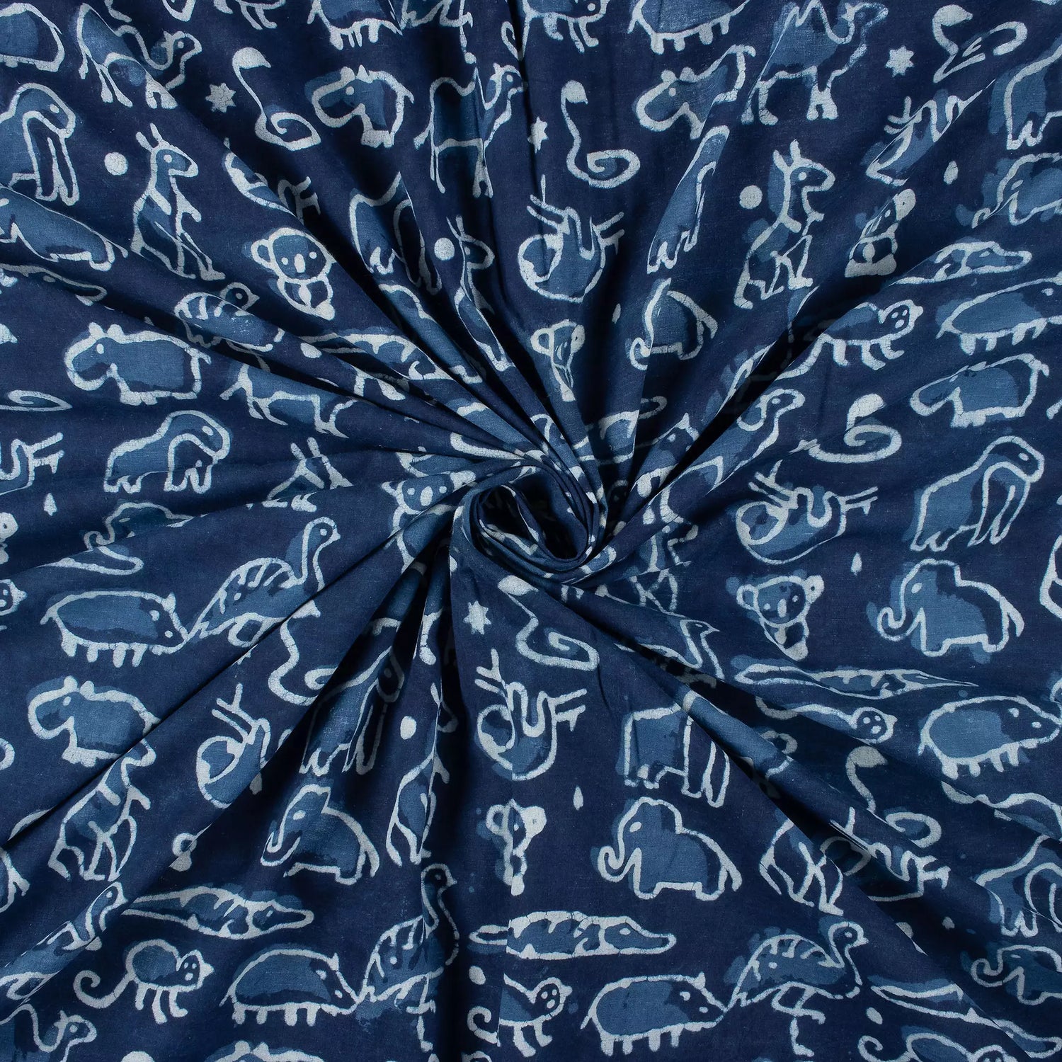 Indigo Blue Animal Printed Cotton Fabric By the Yard
