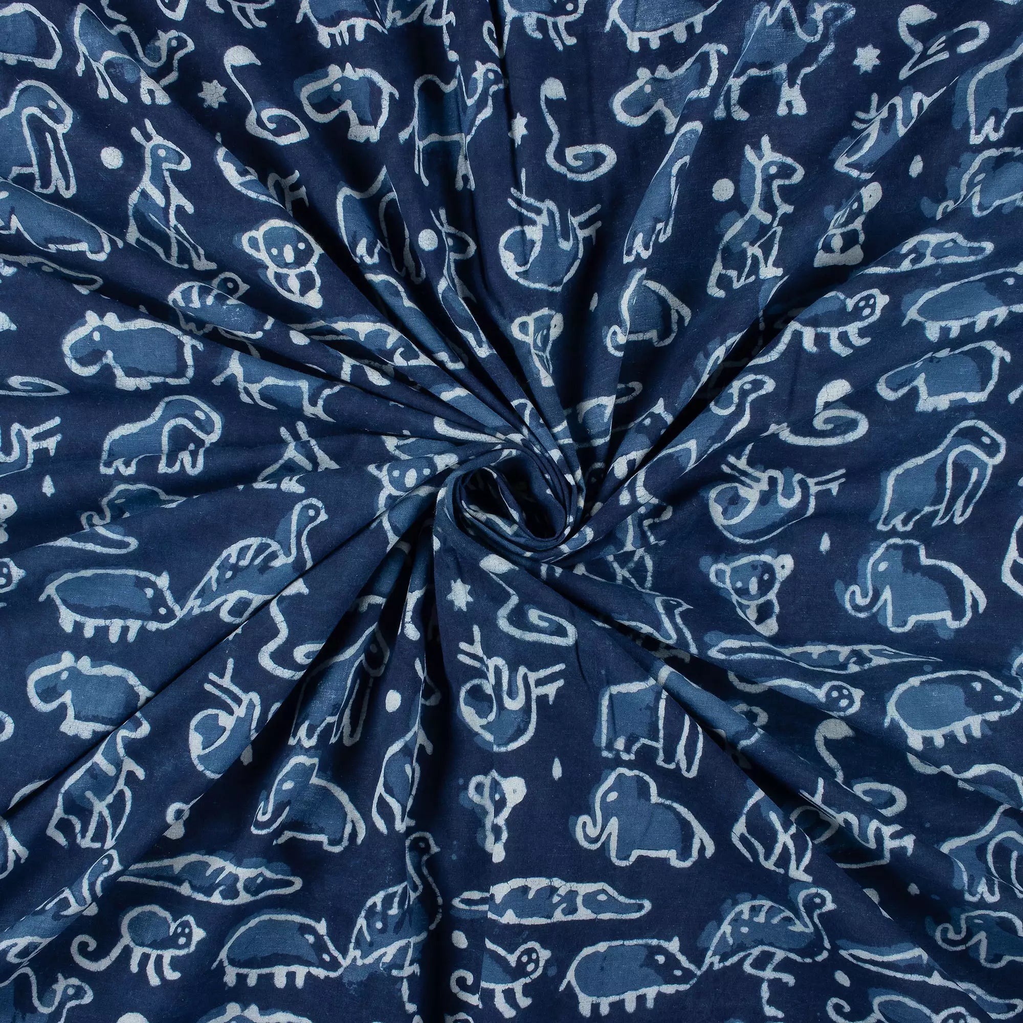 Indigo Blue Animal Printed Cotton Fabric By the Yard