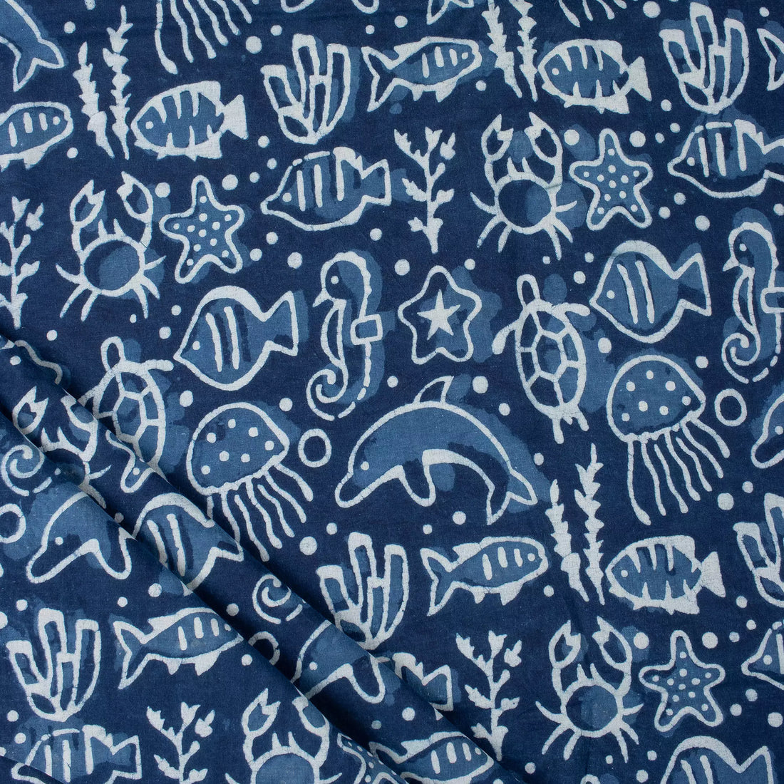 Indigo Blue Block Print Fabric Sea Creatures Cotton Fabric