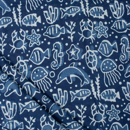 Indigo Blue Block Print Fabric Sea Creatures Cotton Fabric