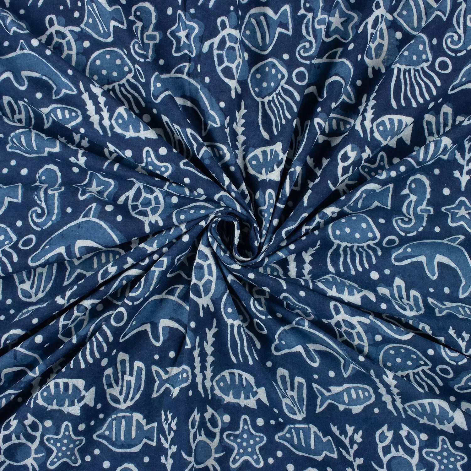 Indigo Blue Block Print Fabric Sea Creatures Cotton Fabric