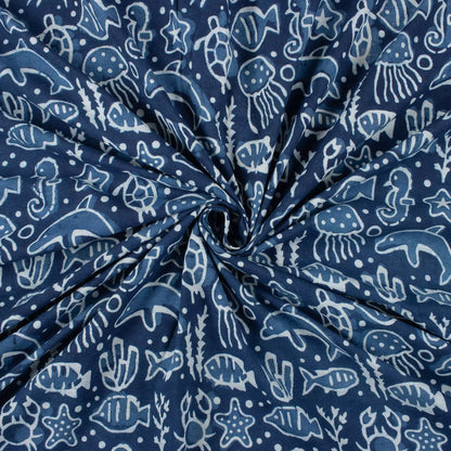 Indigo Blue Block Print Fabric Sea Creatures Cotton Fabric