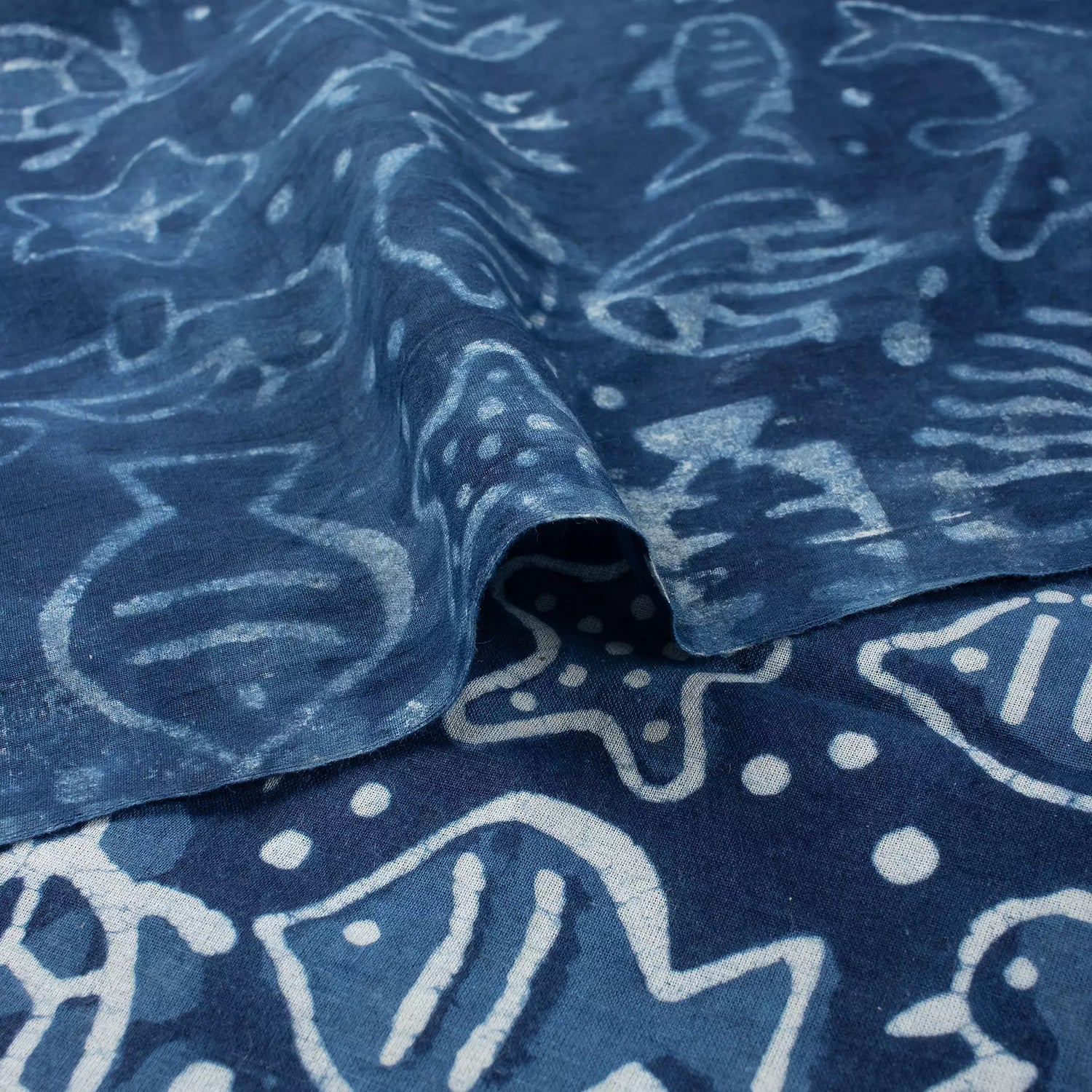 Indigo Blue Block Print Fabric Sea Creatures Cotton Fabric