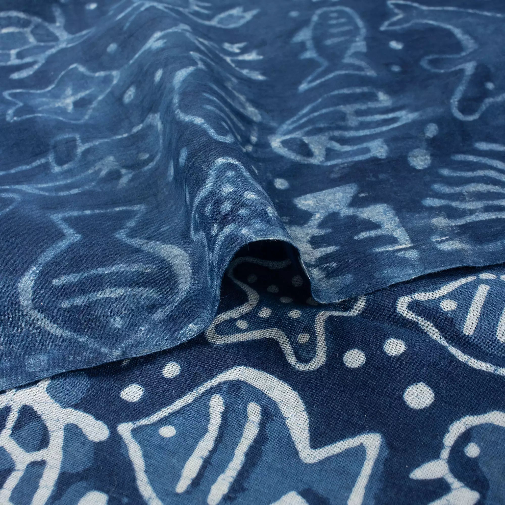 Indigo Blue Block Print Fabric Sea Creatures Cotton Fabric