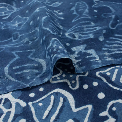 Indigo Blue Block Print Fabric Sea Creatures Cotton Fabric