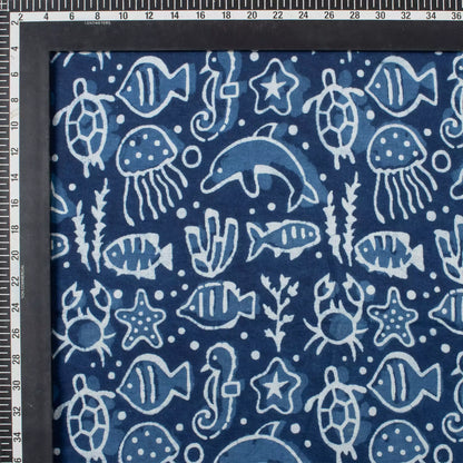 Indigo Blue Block Print Fabric Sea Creatures Cotton Fabric