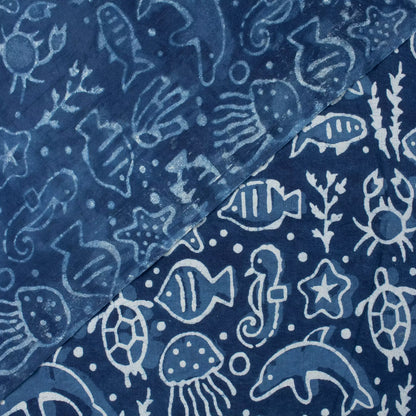 Indigo Blue Block Print Fabric Sea Creatures Cotton Fabric