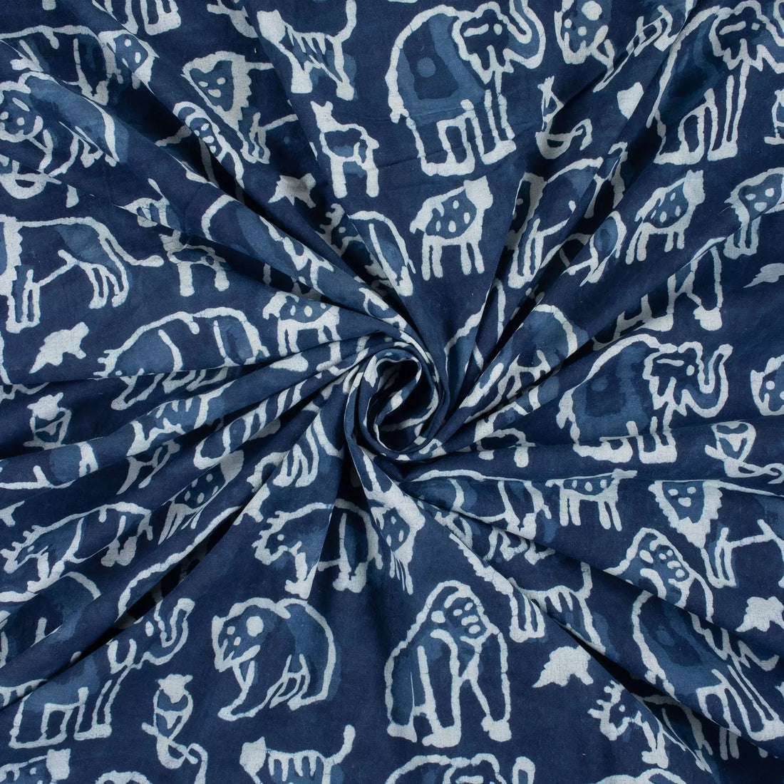 Indigo Blue Block Print Wildlife Pattern Cotton Fabric