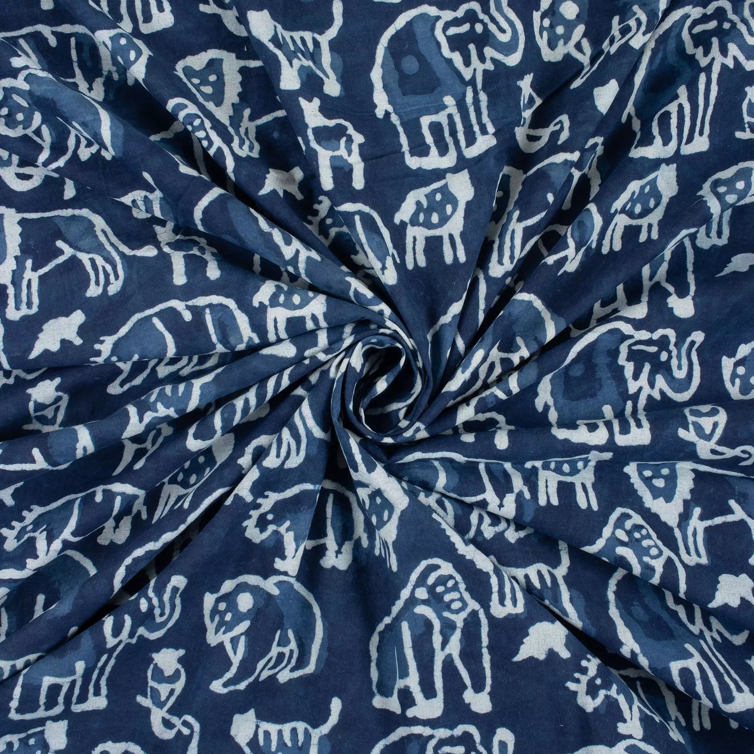 Indigo Blue Block Print Wildlife Pattern Cotton Fabric