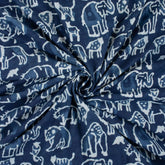 Indigo Blue Block Print Wildlife Pattern Cotton Fabric