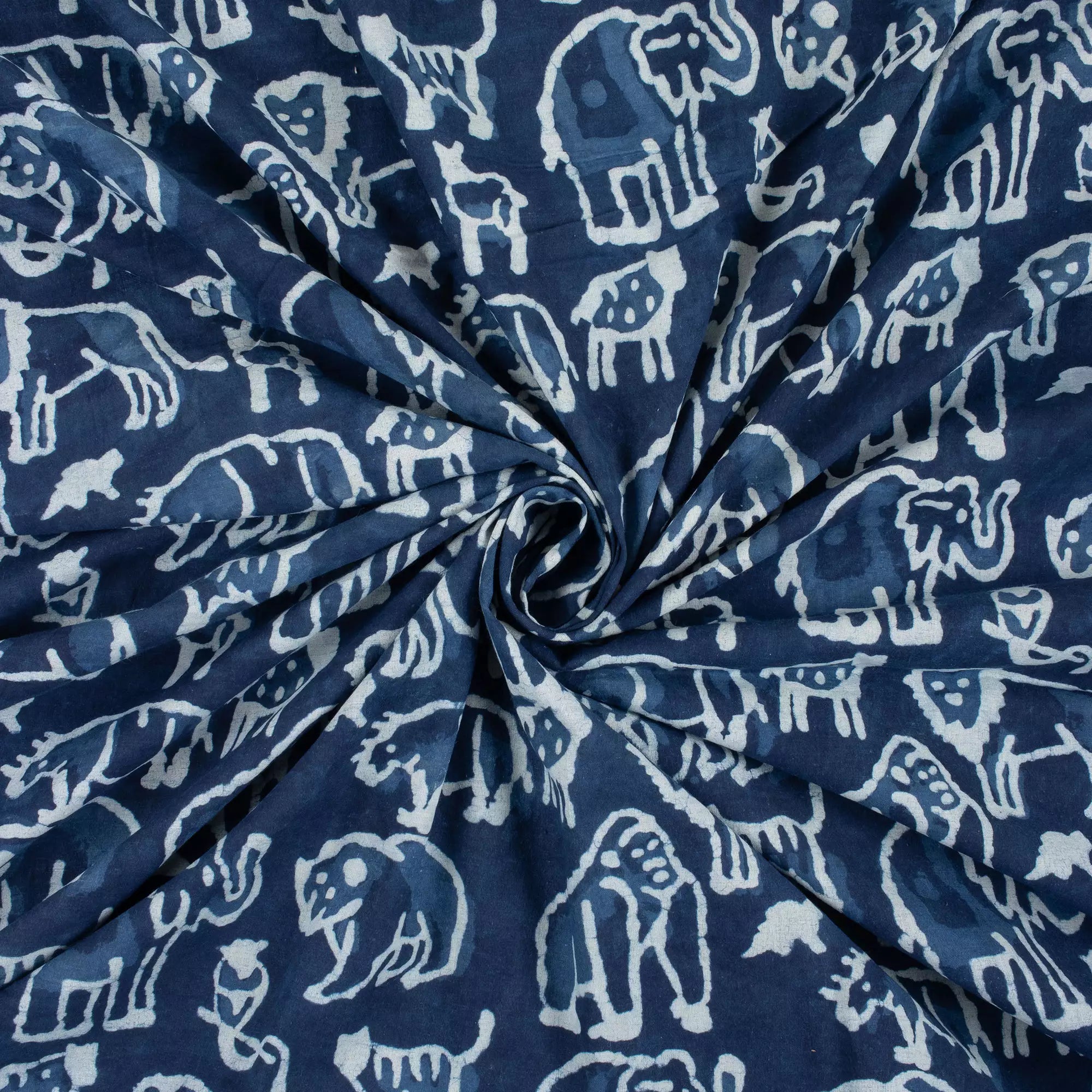 Indigo Blue Block Print Wildlife Pattern Cotton Fabric