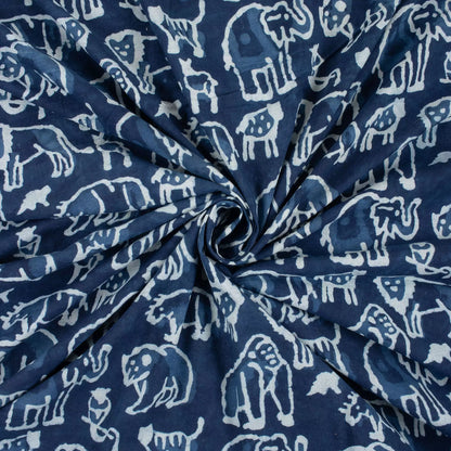 Indigo Blue Block Print Wildlife Pattern Cotton Fabric