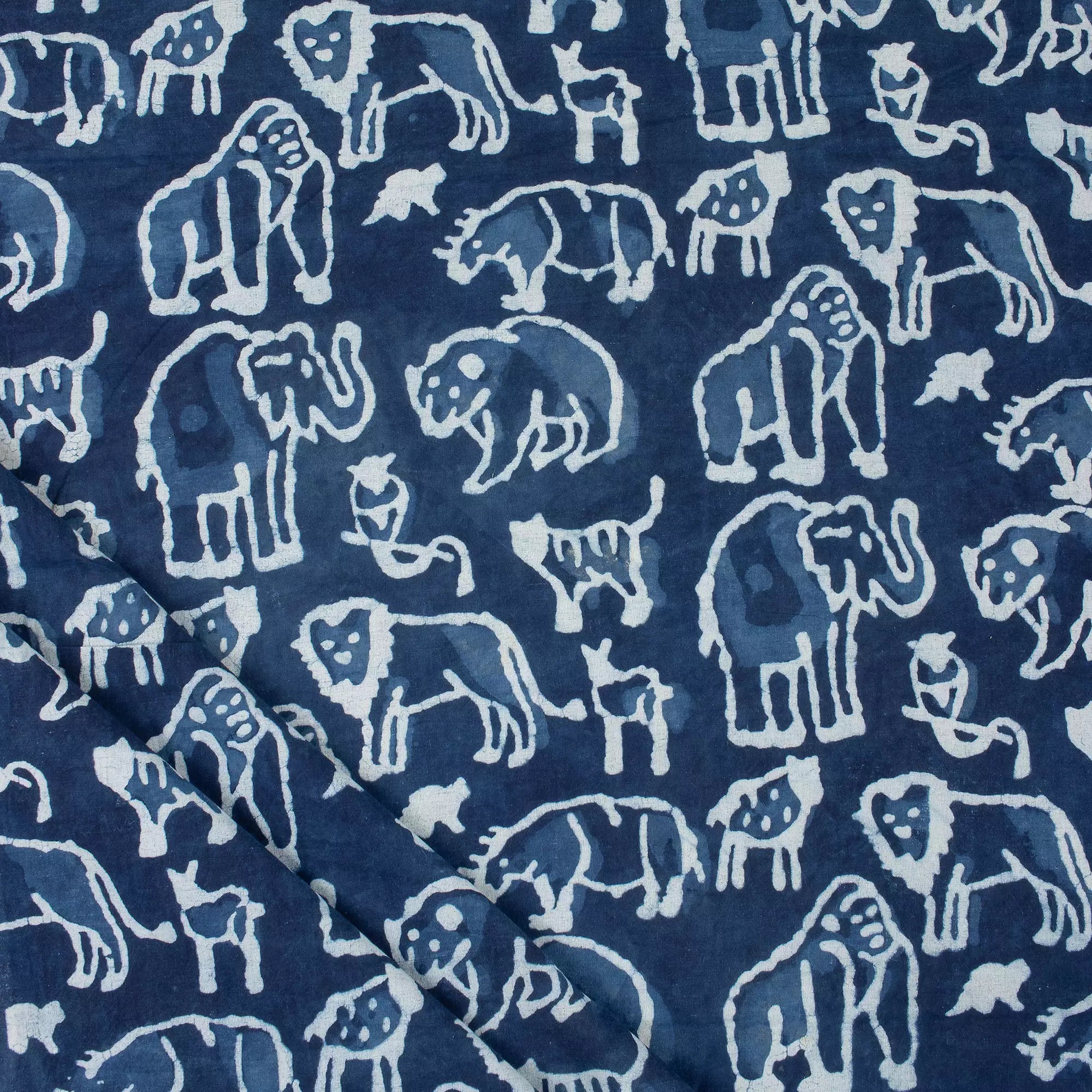 Indigo Blue Block Print Wildlife Pattern Cotton Fabric