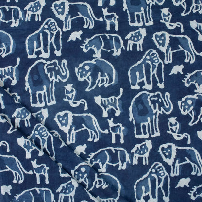Indigo Blue Block Print Wildlife Pattern Cotton Fabric