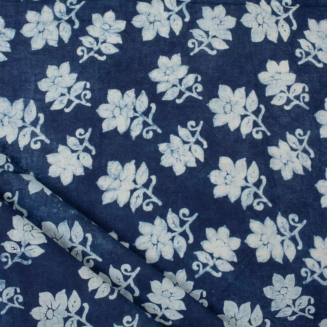 Indigo Blue Floral Hand Block Printed Cotton Fabric Material