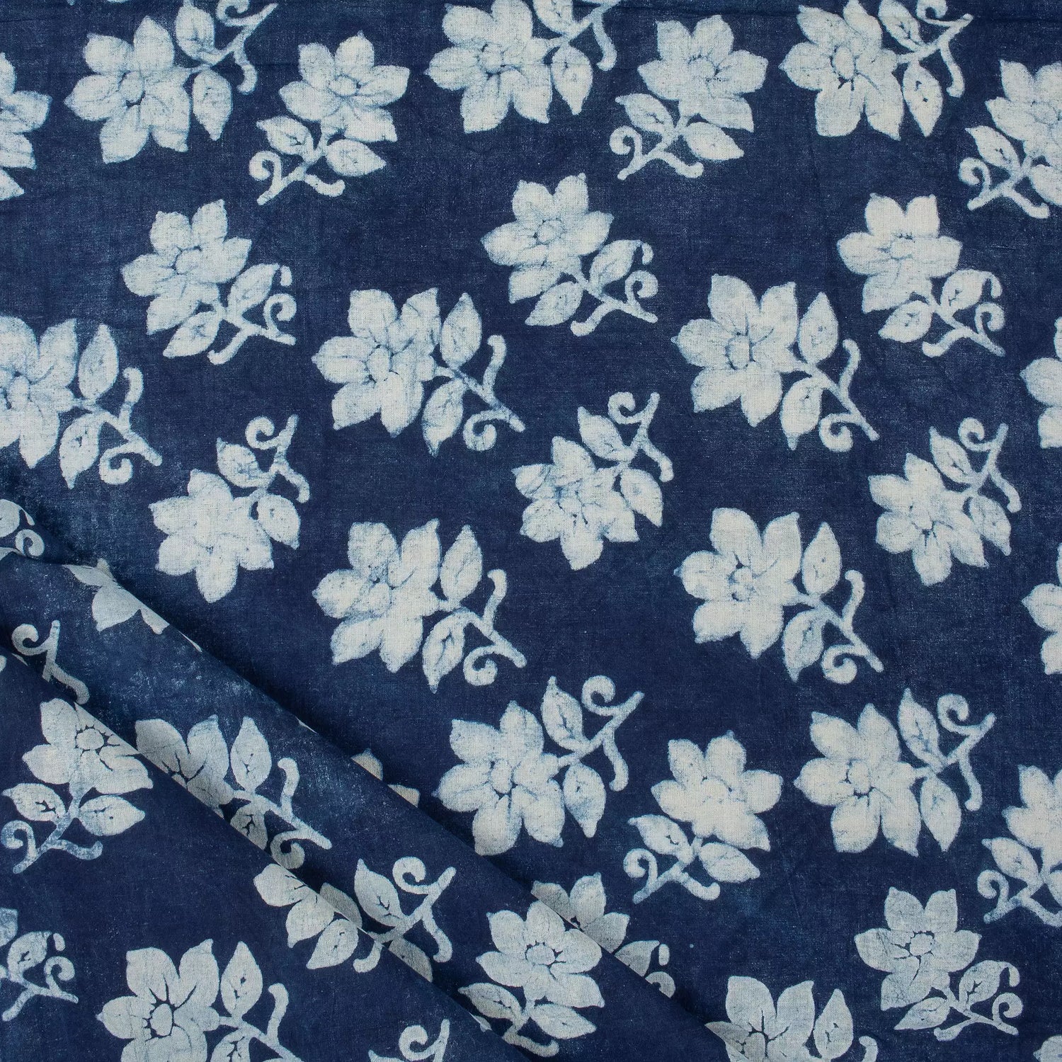 Indigo Blue Floral Hand Block Printed Cotton Fabric Material