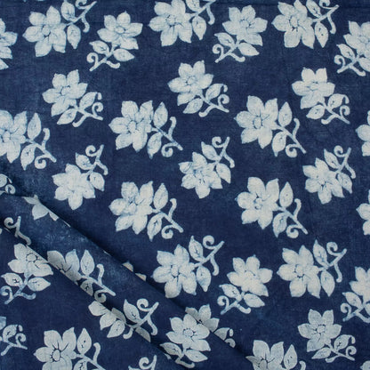 Indigo Blue Floral Hand Block Printed Cotton Fabric Material