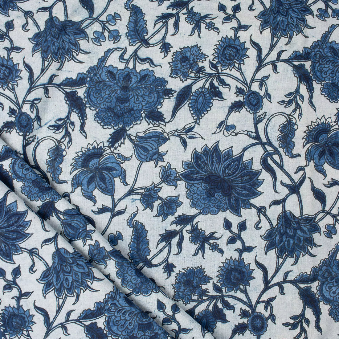 Indigo Blue Floral Vine Hand Block Printed Cotton Fabric Material