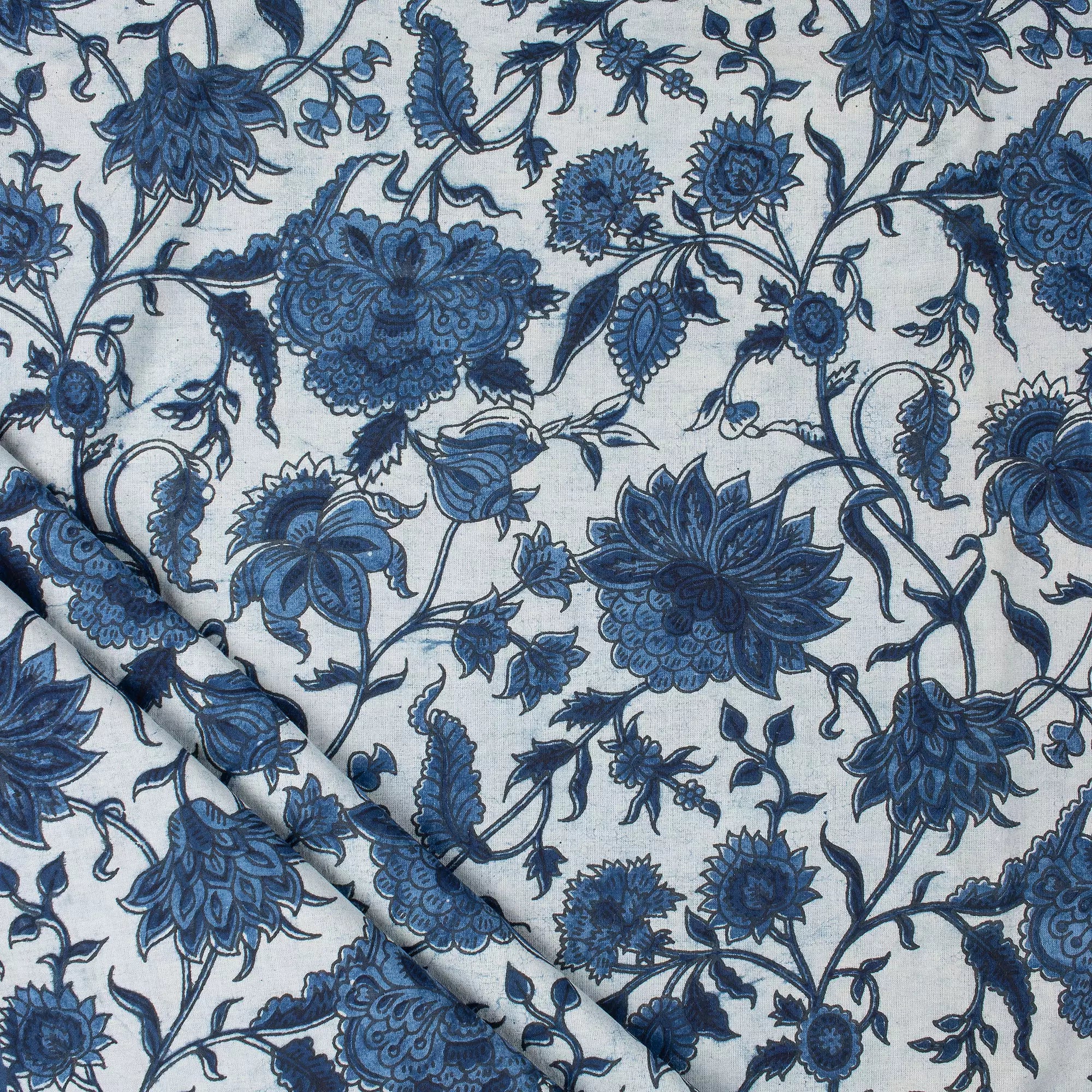 Indigo Blue Floral Vine Hand Block Printed Cotton Fabric Material
