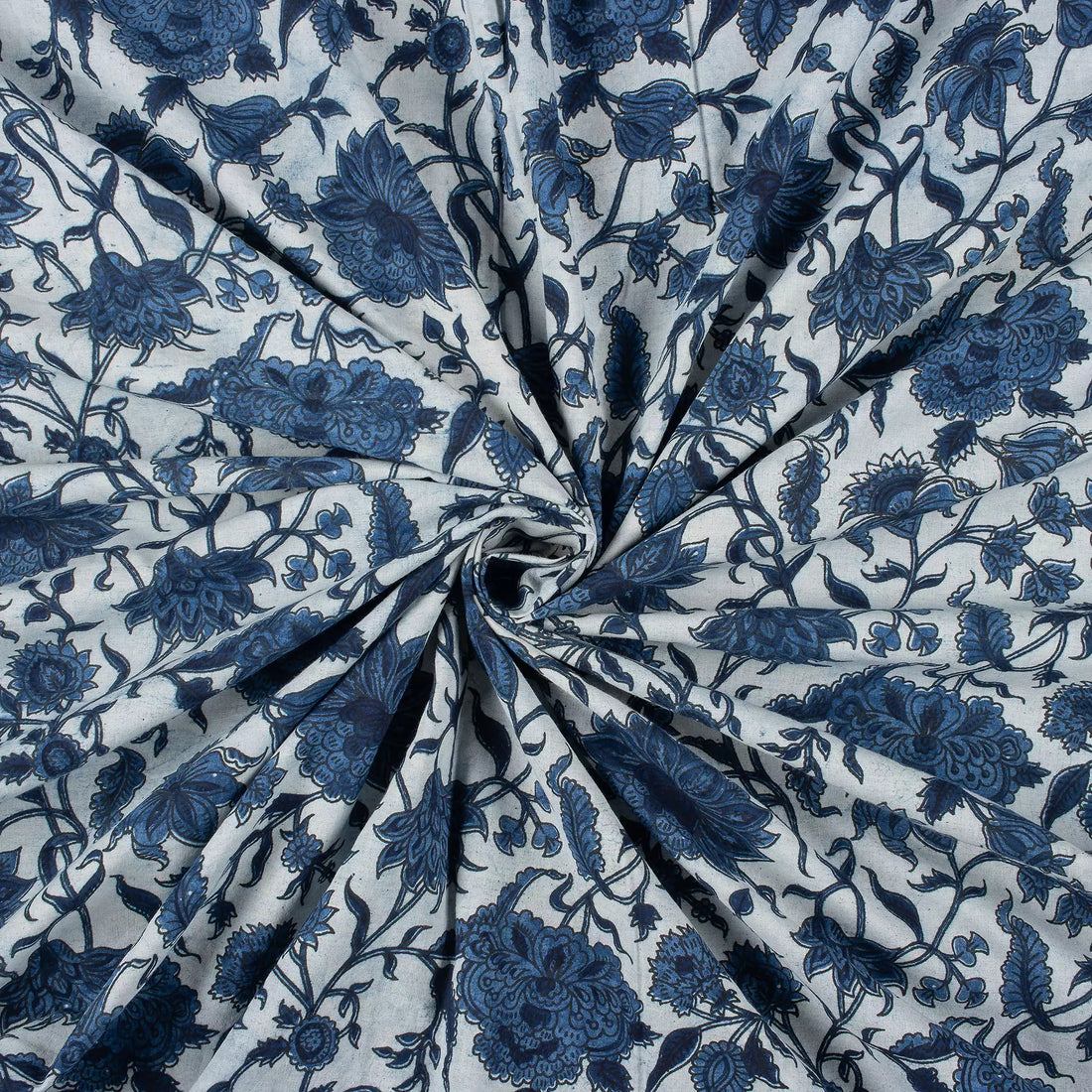 Indigo Blue Floral Vine Hand Block Printed Cotton Fabric Material